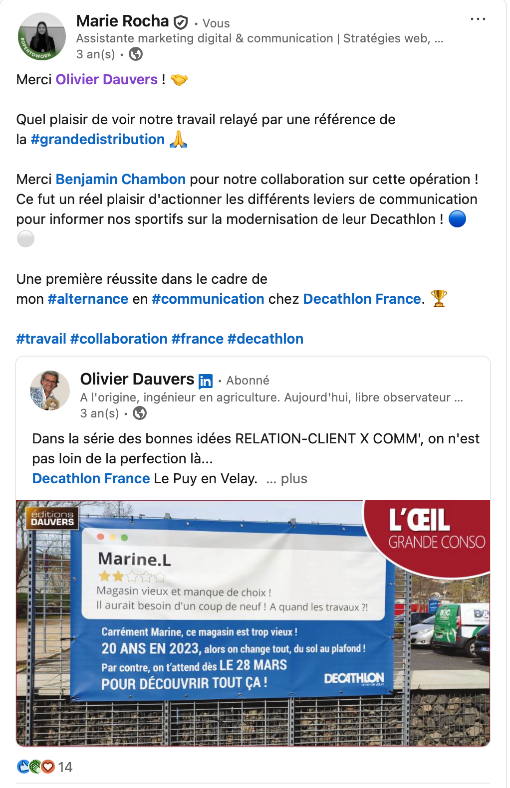 Publication LinkedIn d’Olivier Dauvers relayant une campagne Decathlon réalisée par Marie Rocha